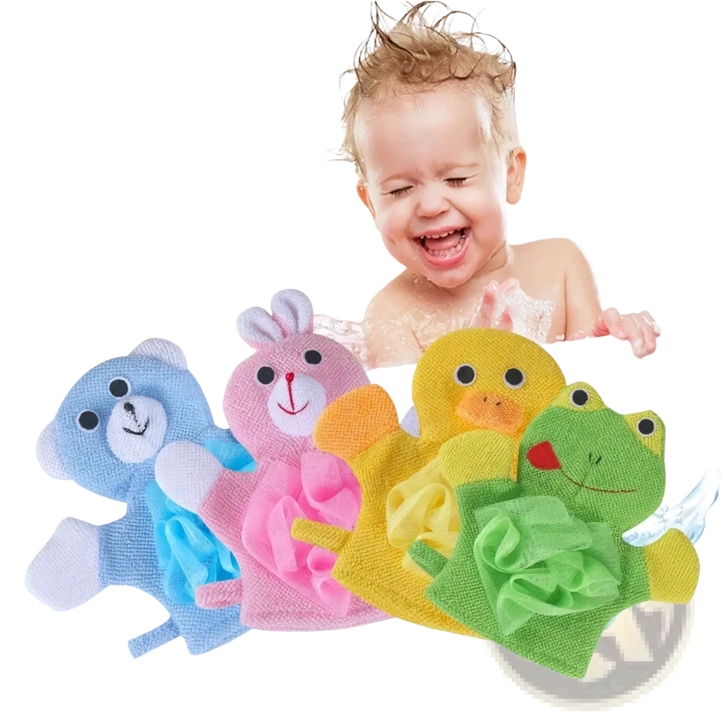 Colorful baby bath sponge animal mitts in blue pink yellow and green soft shower towel for gentle bathing