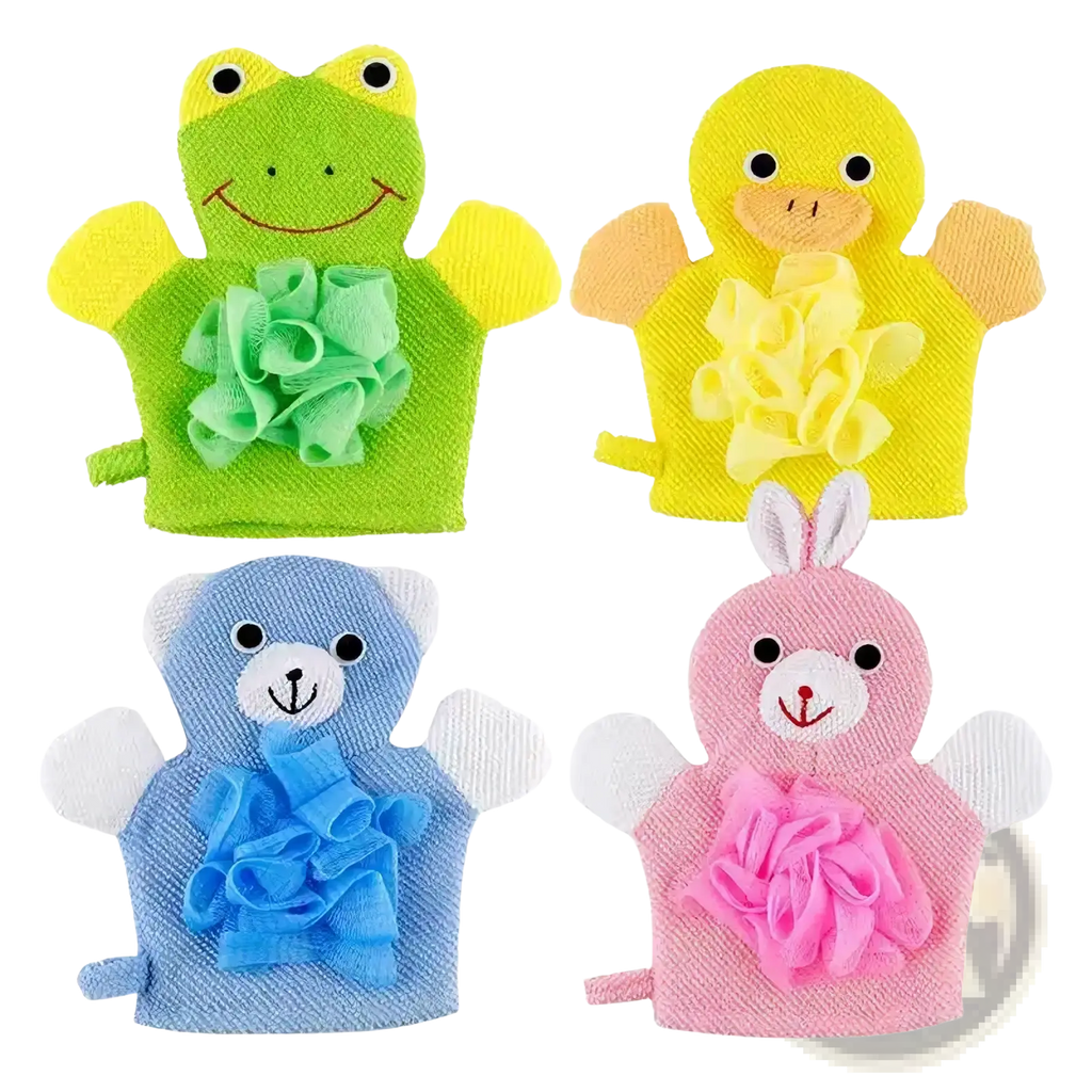 Colorful plush animal-shaped baby bath sponge mitt with soft attached loofahs for gentle shower use