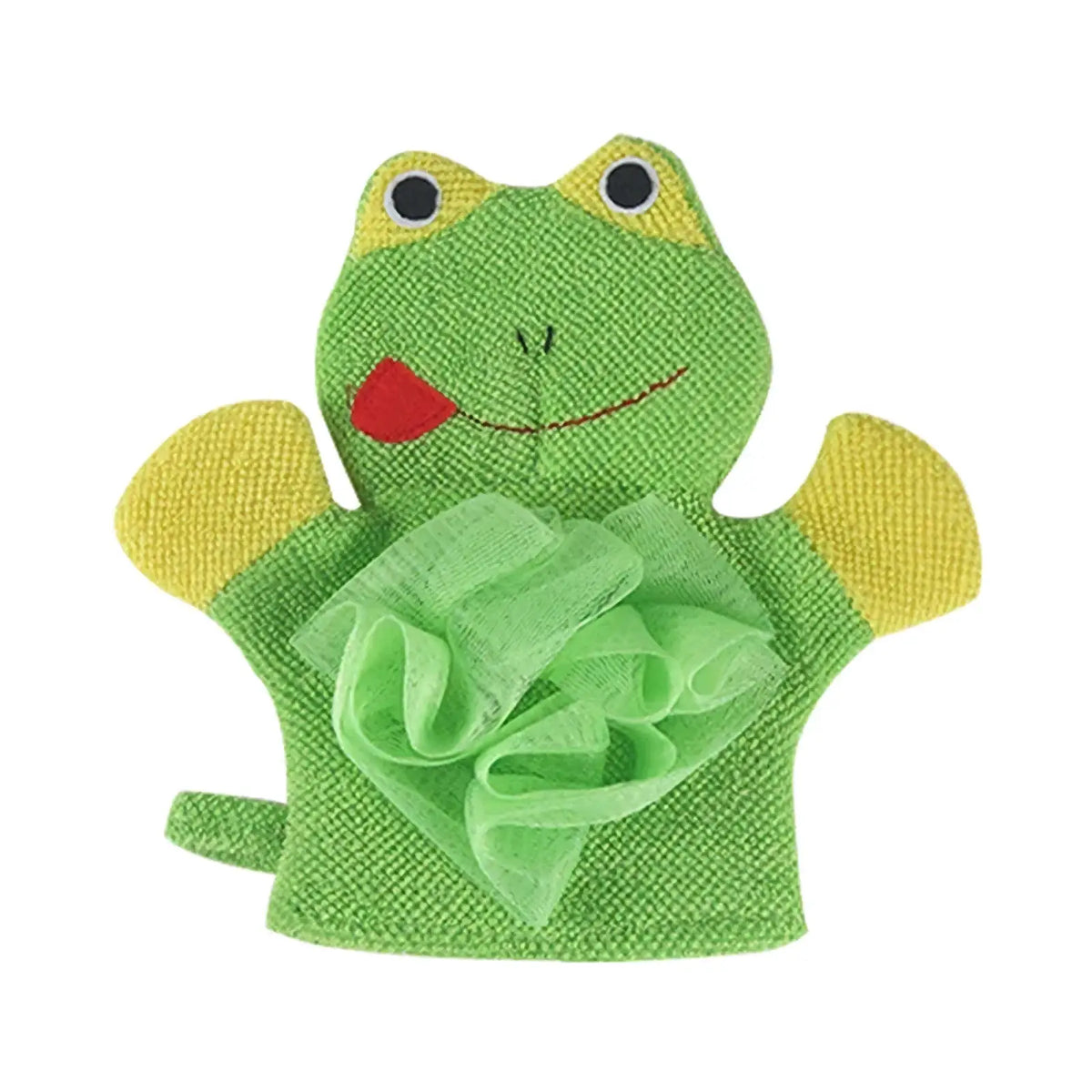 Green frog-shaped baby bath sponge mitt with yellow hands, red tongue, and soft mesh belly scrubber for gentle washing