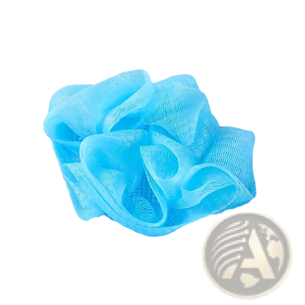 Light blue knitted bear-shaped baby bath sponge mitt with soft shower towel and matching translucent blue loofah attached
