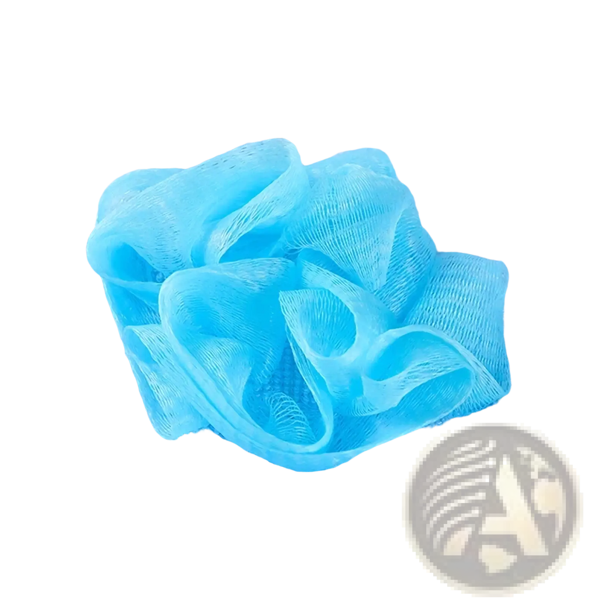 Light blue knitted bear-shaped baby bath sponge mitt with soft shower towel and matching translucent blue loofah attached