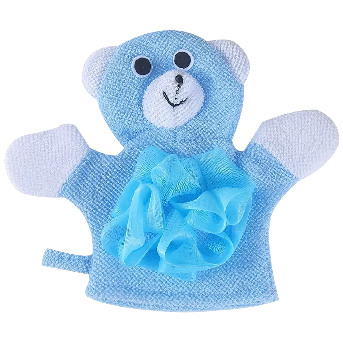 Light blue teddy bear-shaped baby bath sponge animal mitt with white accents and matching mesh loofah for soft shower use