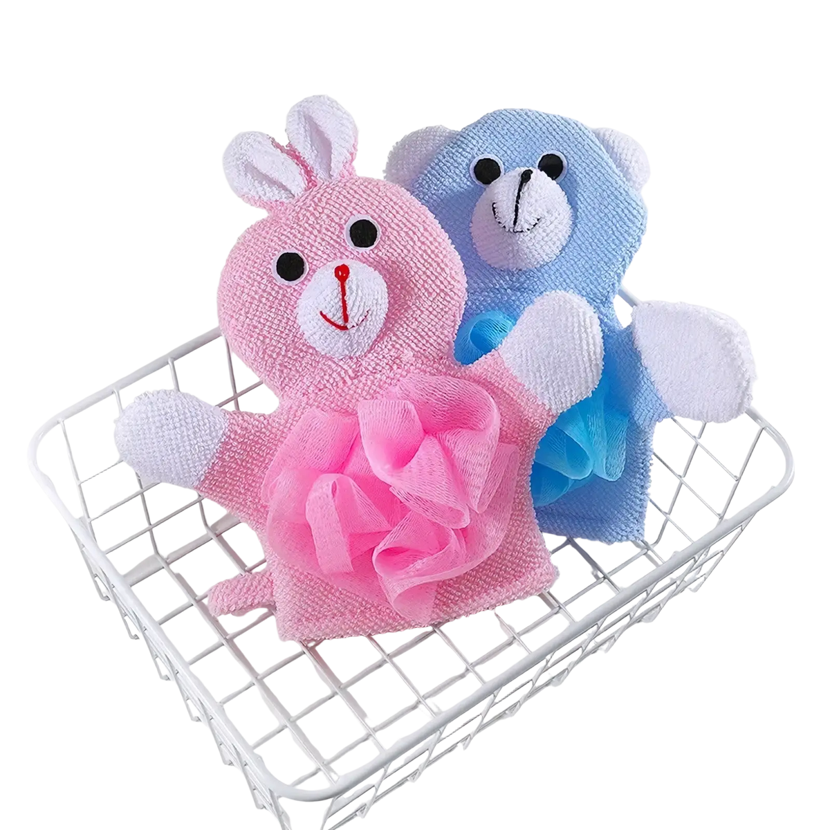 Pink and blue plush baby bath sponge animal mitts with embroidered faces and mesh scrubbing sections for soft shower use