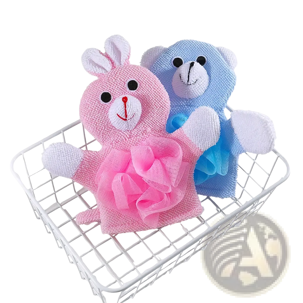 Pink and blue plush baby bath sponge animal mitts with embroidered faces and mesh scrubbing sections for soft shower use