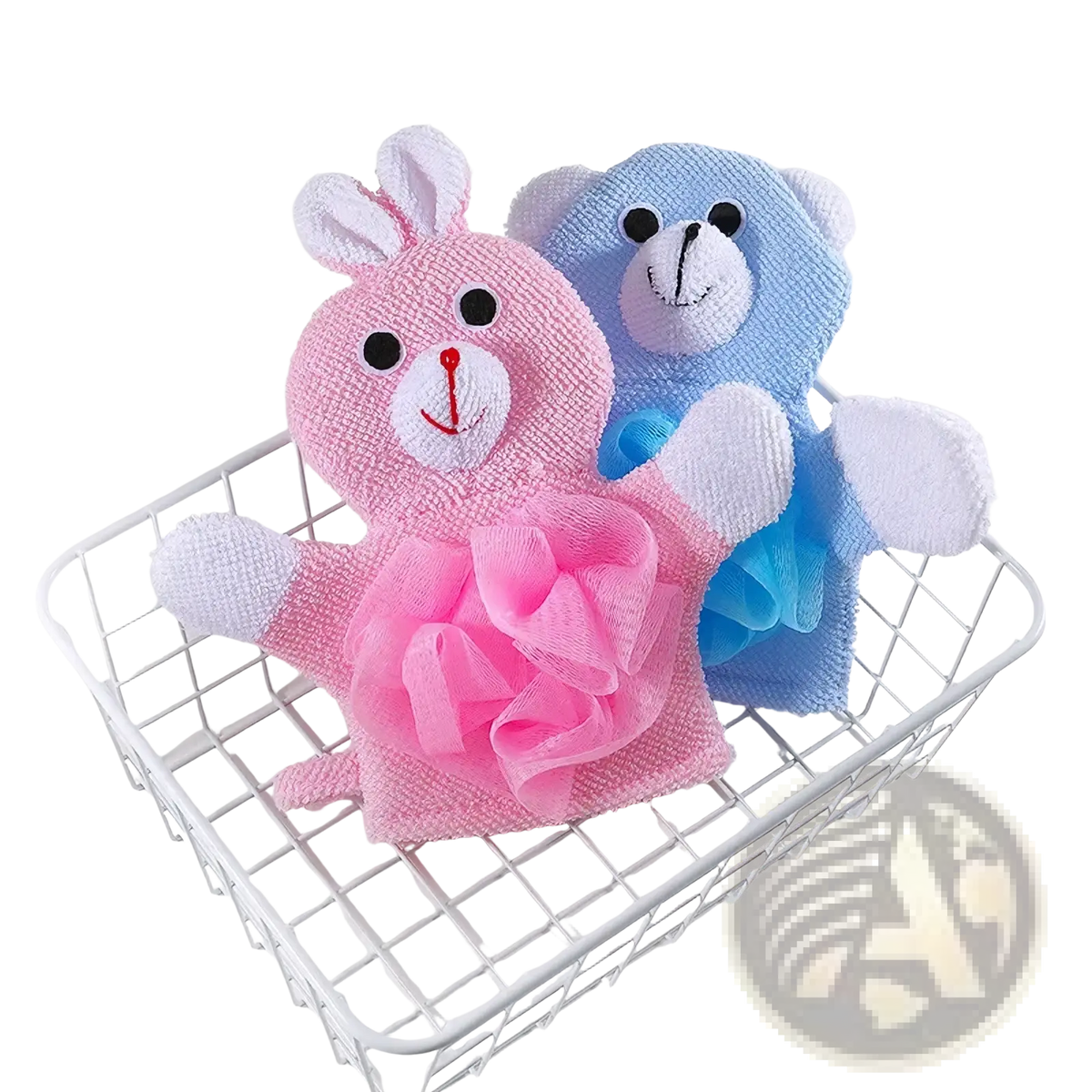 Pink and blue plush baby bath sponge animal mitts with embroidered faces and mesh scrubbing sections for soft shower use
