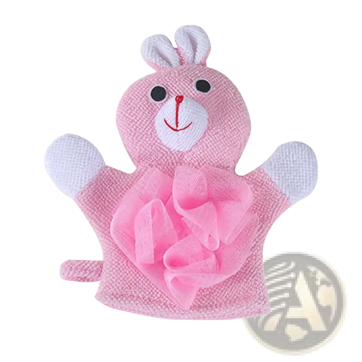 Baby bath sponge animal mitt in pink shaped like a bunny with white ears and textured mesh scrubby center for gentle washing