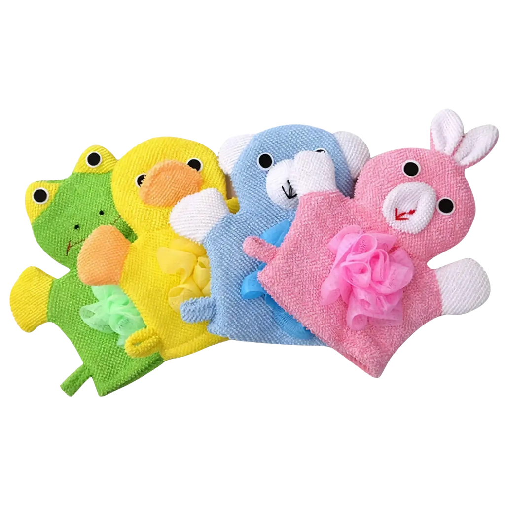 Set of four colorful plush baby bath sponge animal mitts in frog, duck, bear, and bunny designs with soft fabric and mesh flowers