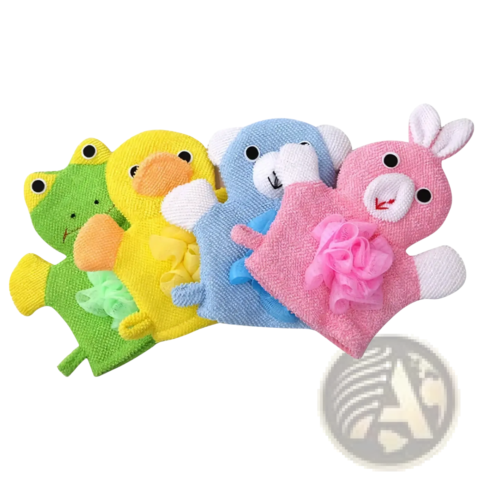 Set of four colorful plush baby bath sponge animal mitts in frog, duck, bear, and bunny designs with soft fabric and mesh flowers