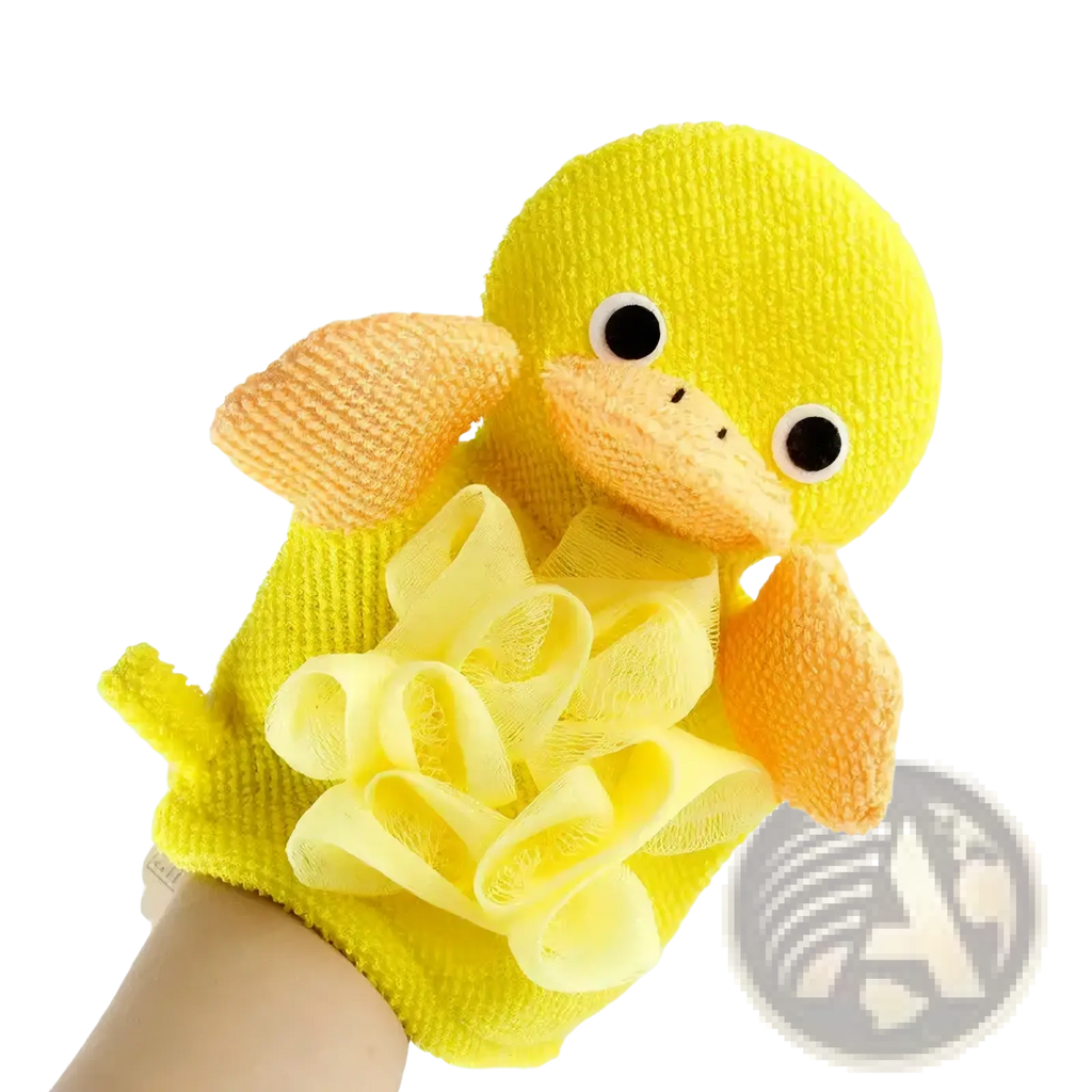 Yellow duck-shaped baby bath sponge animal mitt with orange webbed feet and mesh scrubby belly for soft shower towel use