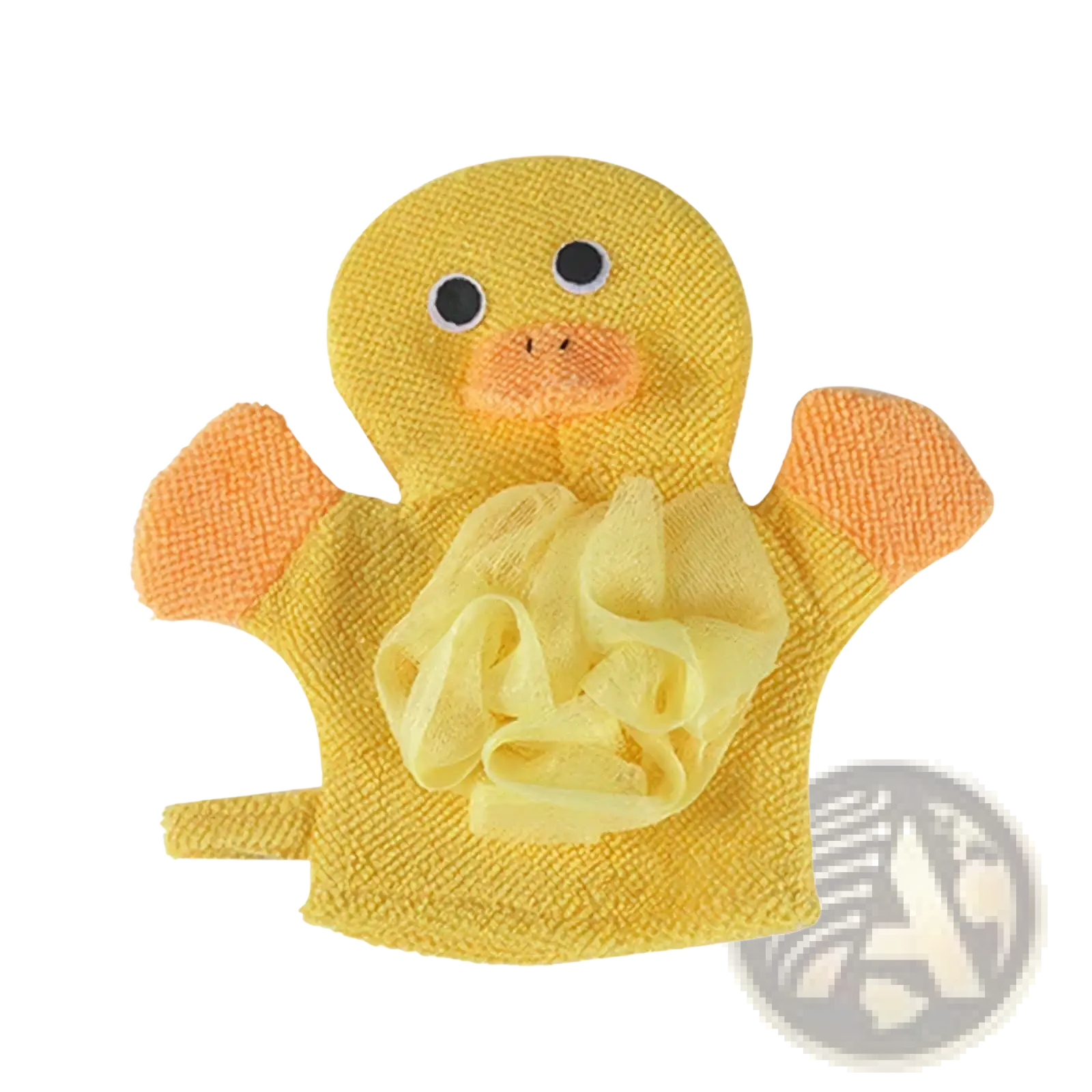 Yellow duck-shaped baby bath sponge mitt with orange feet and beak, textured fabric body and attached yellow loofah