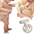 Light gray plastic baby bath standing support with bear face safety clip and suction cup for secure bathing