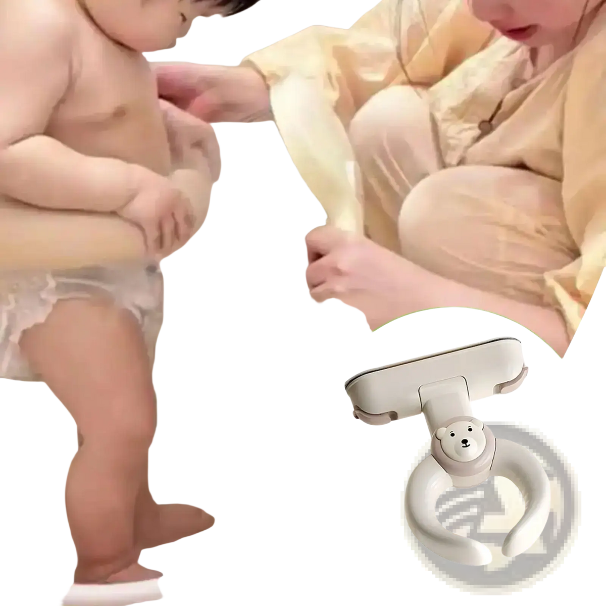 Light gray plastic baby bath standing support with bear face safety clip and suction cup for secure bathing