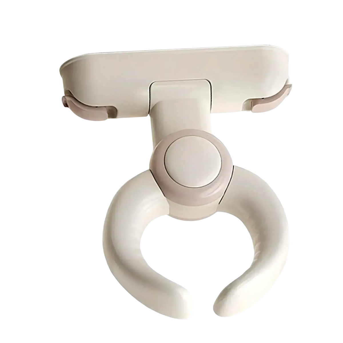 Cream-colored plastic clip with curved c-shaped grip and adjustable bracket for baby bath standing support with suction cup