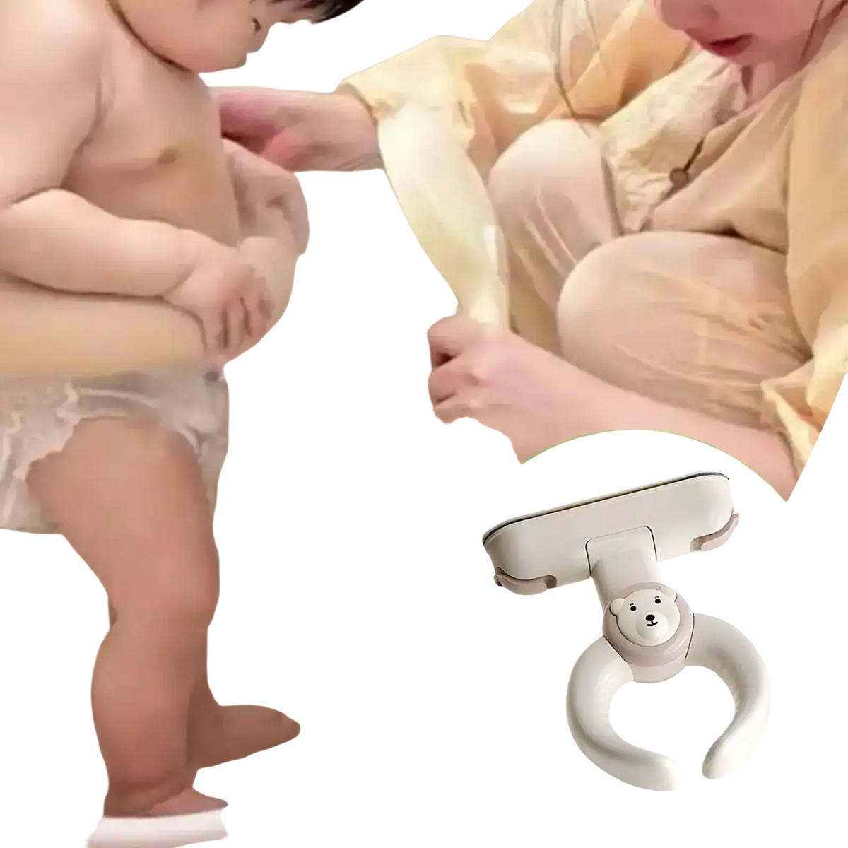 Light gray plastic baby bath standing support with bear face safety clip and suction cup for secure bathing