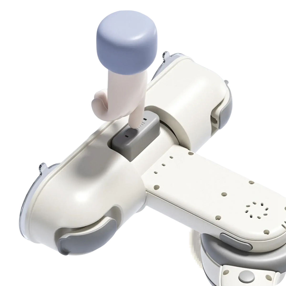 A sleek off-white and gray baby bath standing support with a soft blue knob and suction cup for secure attachment