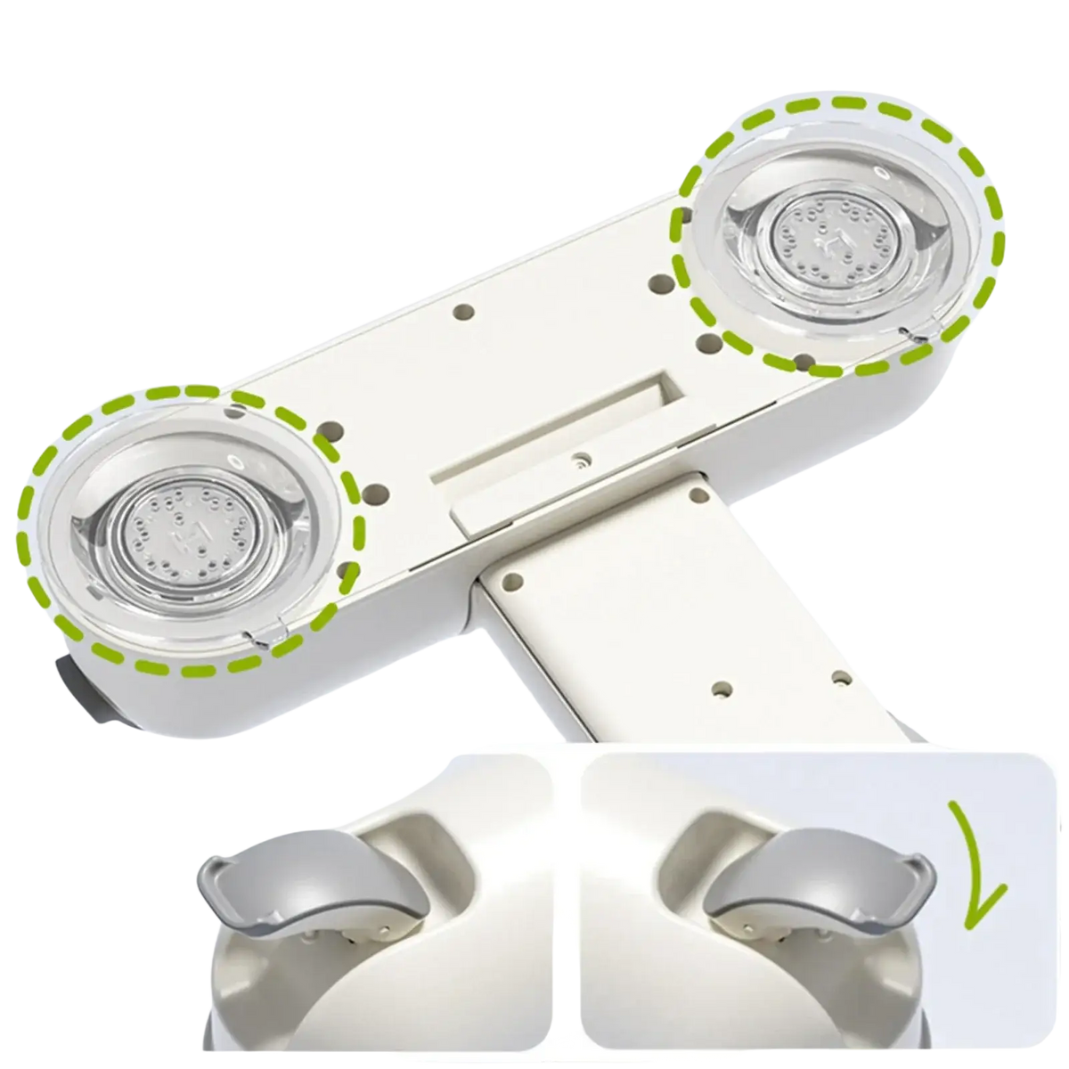 White dual-head steam iron with clear circular nozzles and silver adjustable knobs for baby bath standing support with suction cup