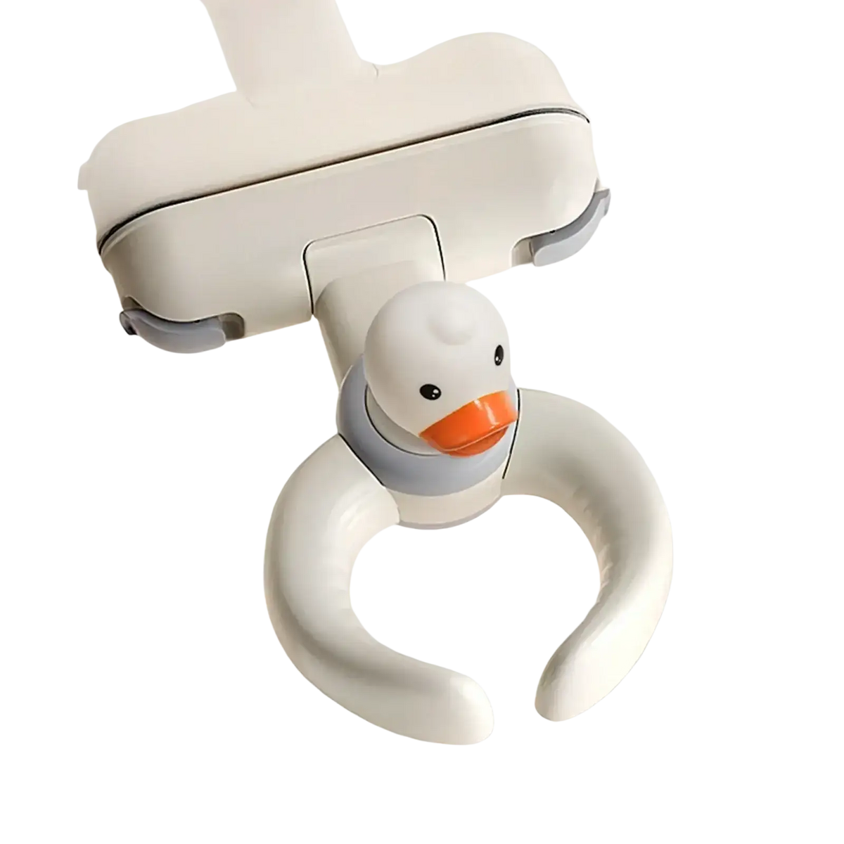 White duck-shaped baby bath standing support with suction cup featuring orange beak and gray collar for safety