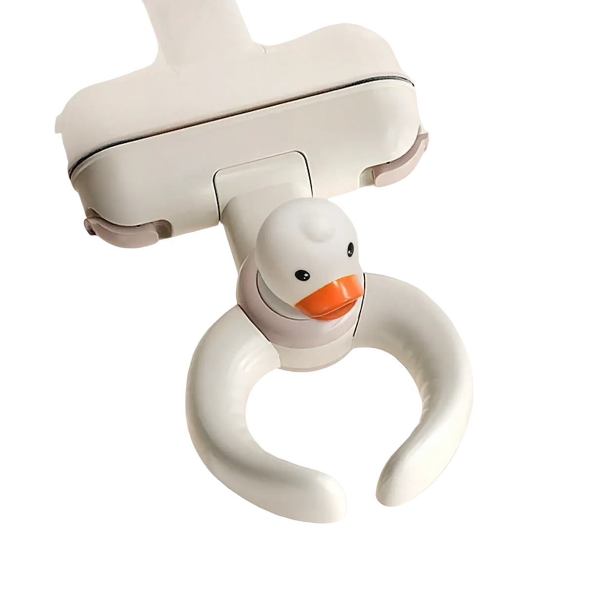 White duck-shaped baby bath standing support with orange beak and suction cup for secure attachment