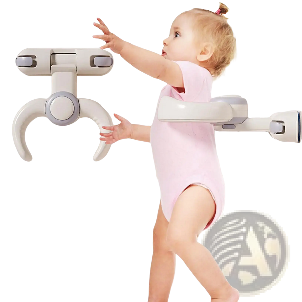 White and gray plastic baby safety gate with curved handles designed for baby bath standing support with suction cup