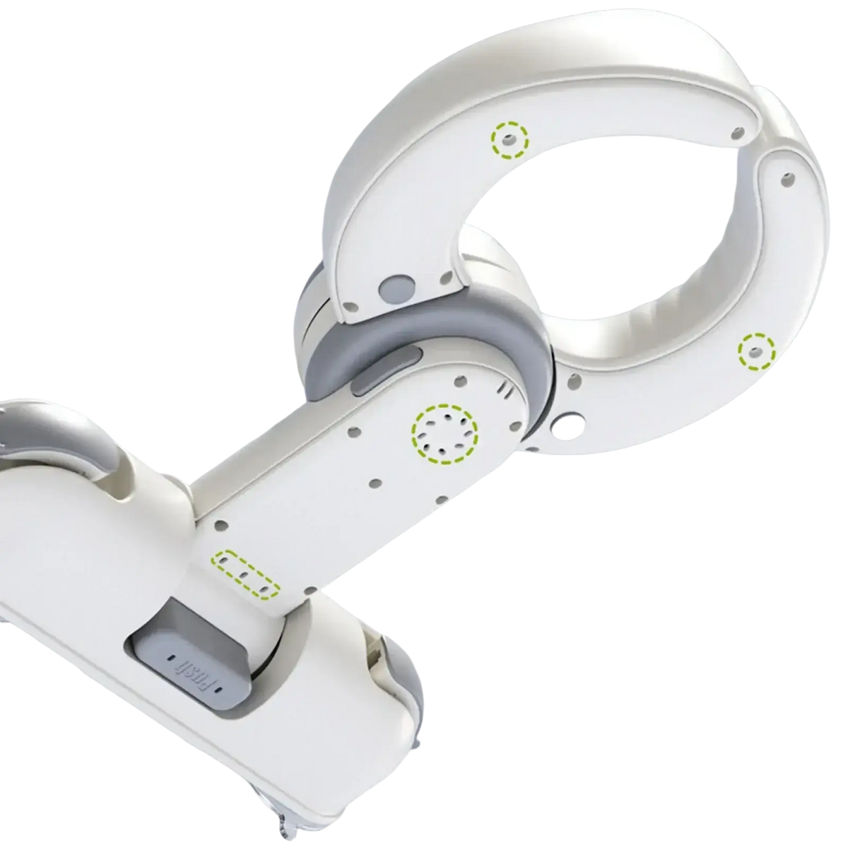 White and gray robotic arm with green sensors designed as a baby bath standing support with suction cup