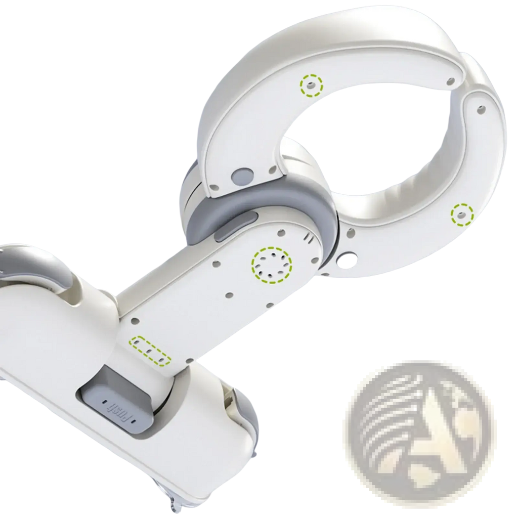 White and gray baby bath standing support with suction cup featuring a robotic arm with green accent circles