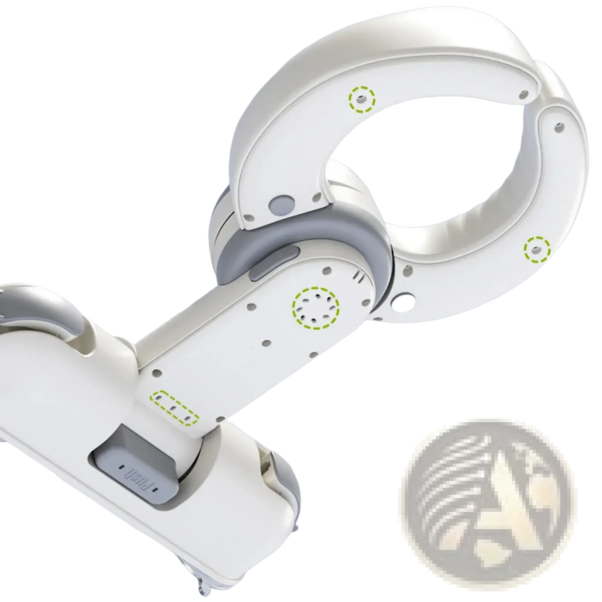 White and gray baby bath standing support with suction cup featuring a robotic arm with green accent circles
