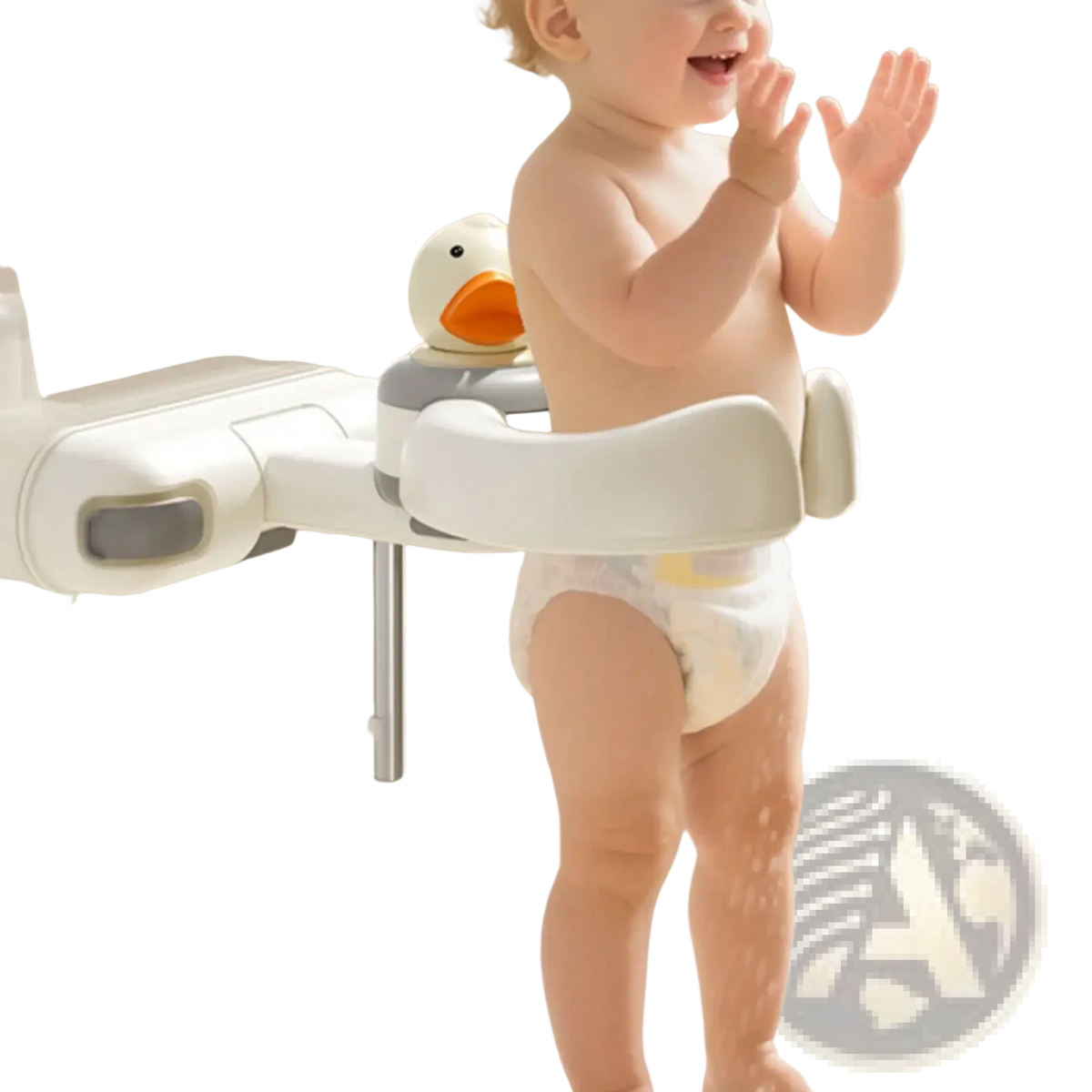 White and gray baby bath standing support with suction cup and duck-shaped toy on top for shower safety
