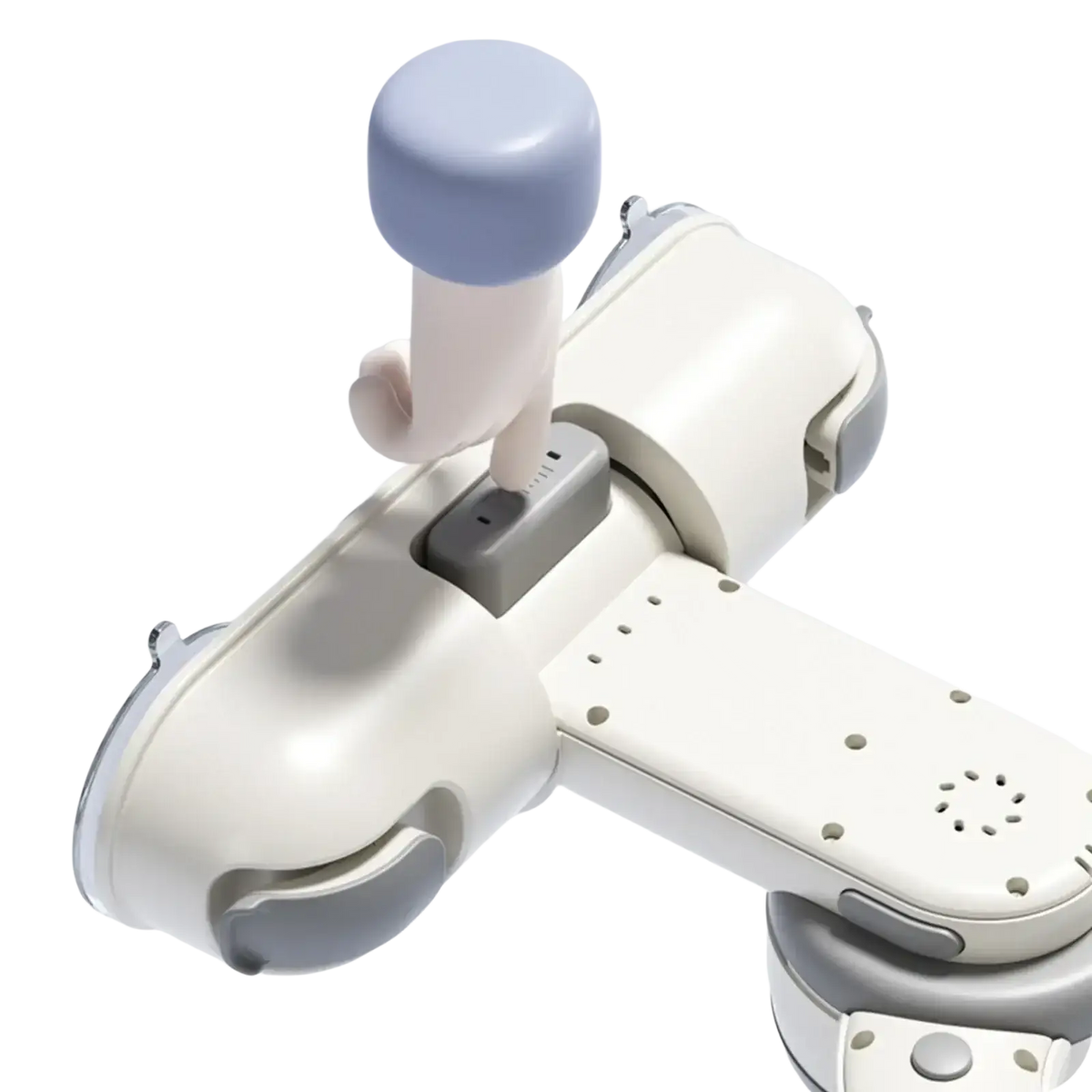 White and light blue plastic robotic arm with cylindrical end effector for baby bath standing support with suction cup