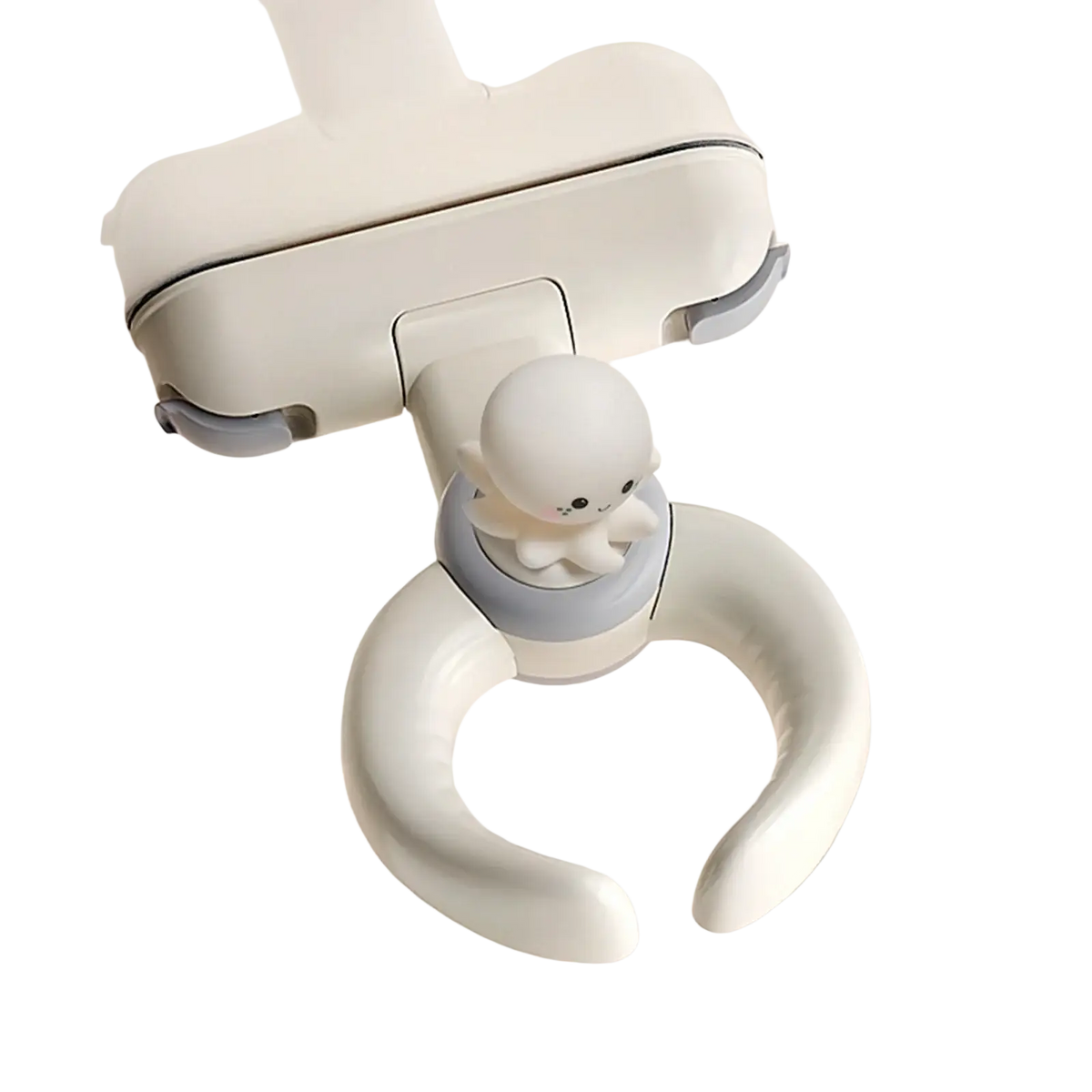 White and light gray baby bath standing support with suction cup and safety gate hook featuring a cartoon design
