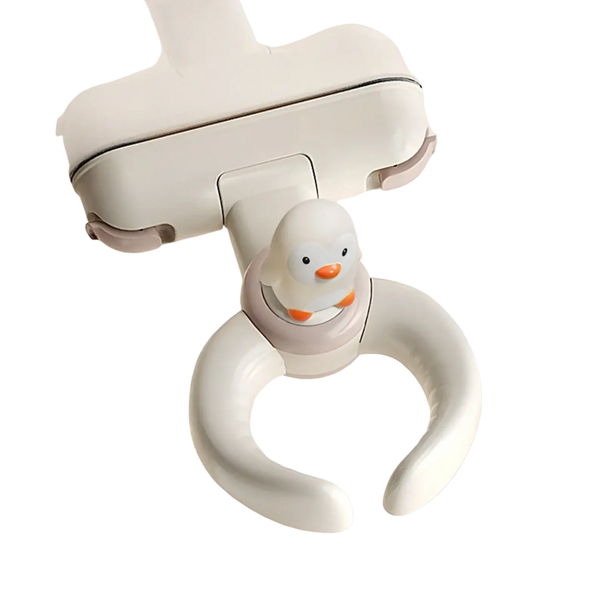 White penguin-themed baby safety clip with orange beak and feet designed to secure strollers or car seats