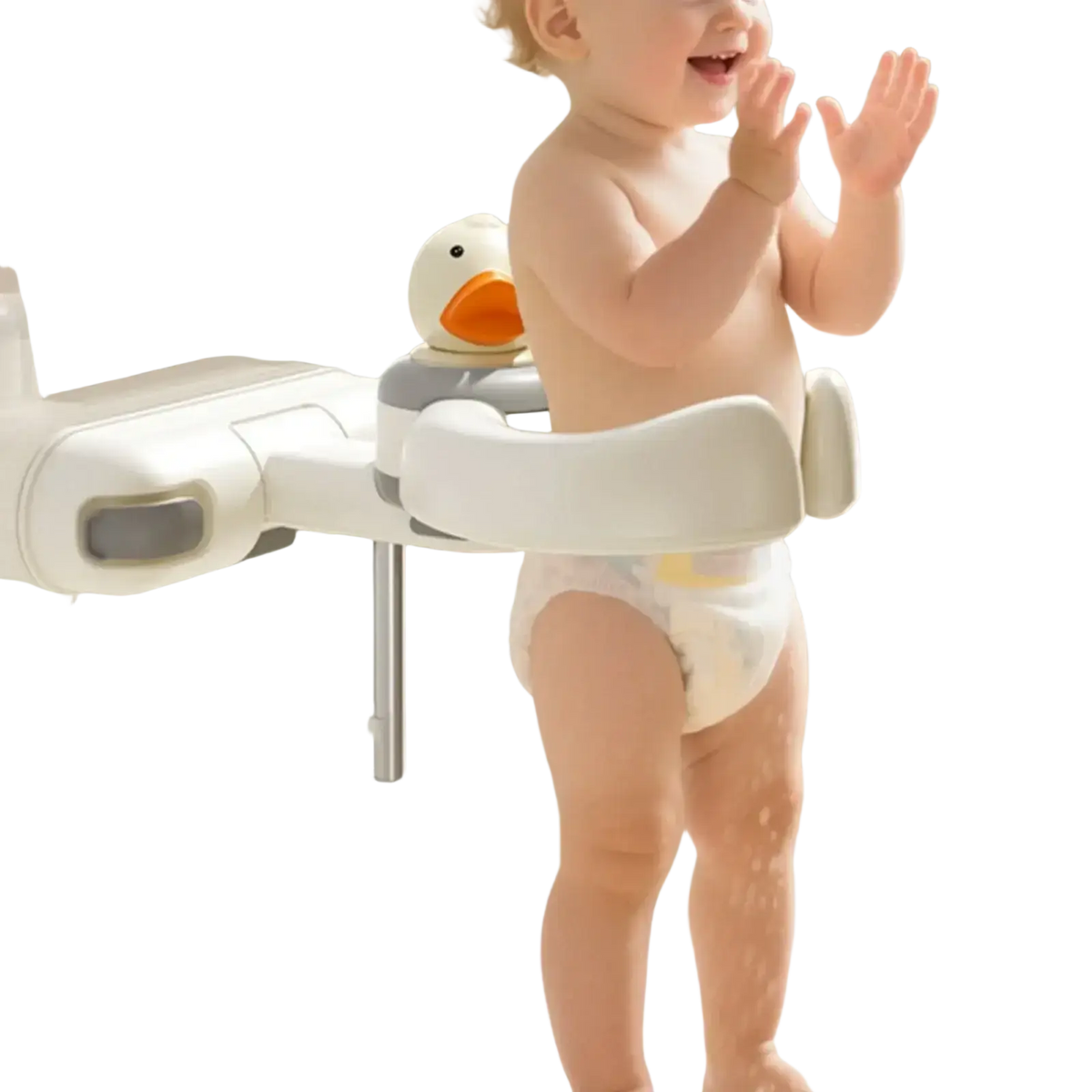 White plastic baby bath standing support with suction cup and yellow orange rubber duck on top for safe bathing