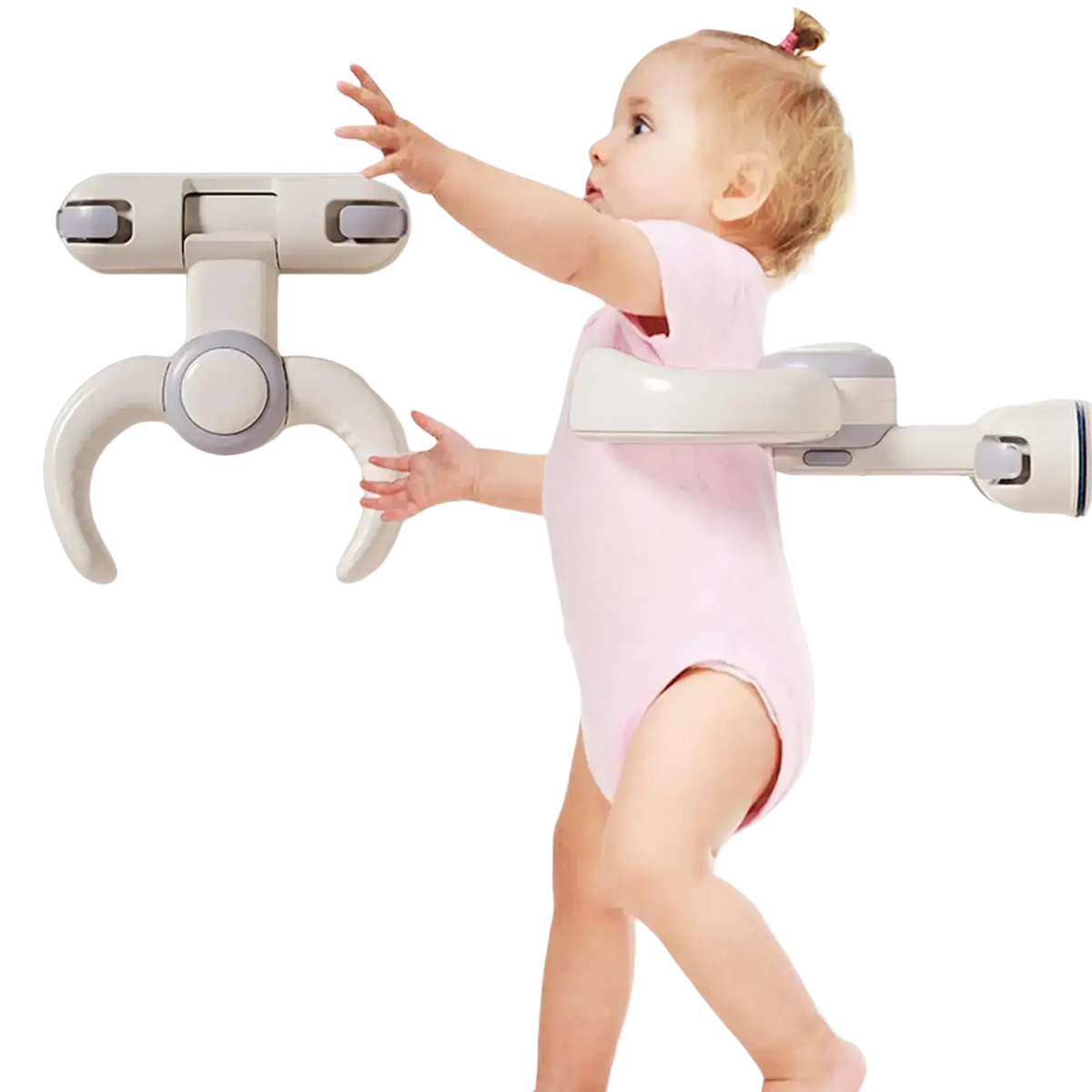 White plastic baby bath standing support with adjustable arms and suction cup for secure bath standing use