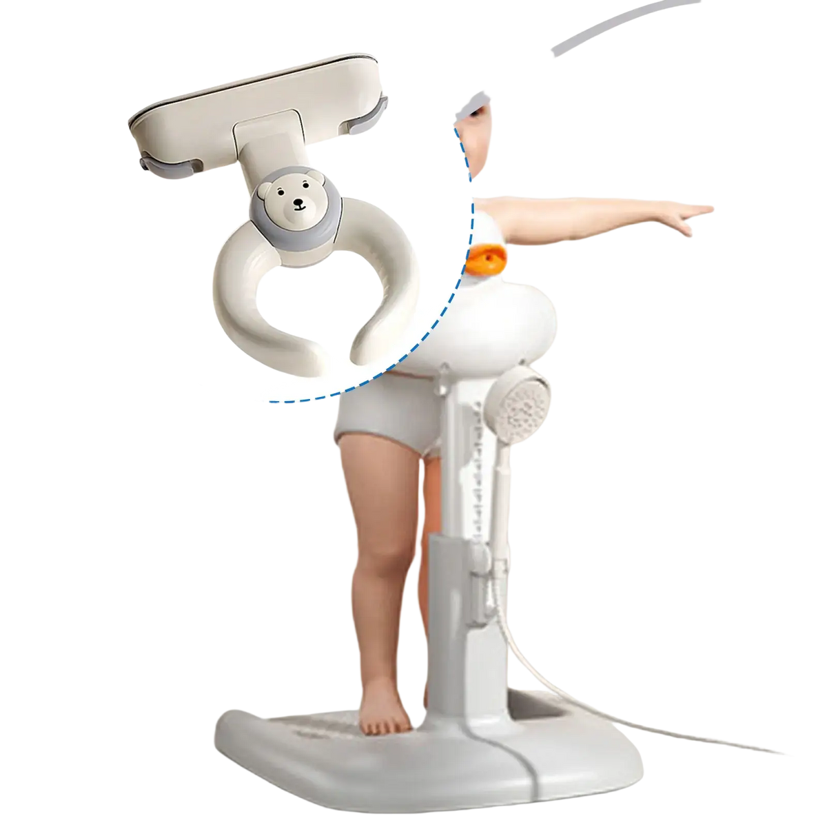 White plastic baby bath standing support with bear face design adjustable arm and suction cup for safety