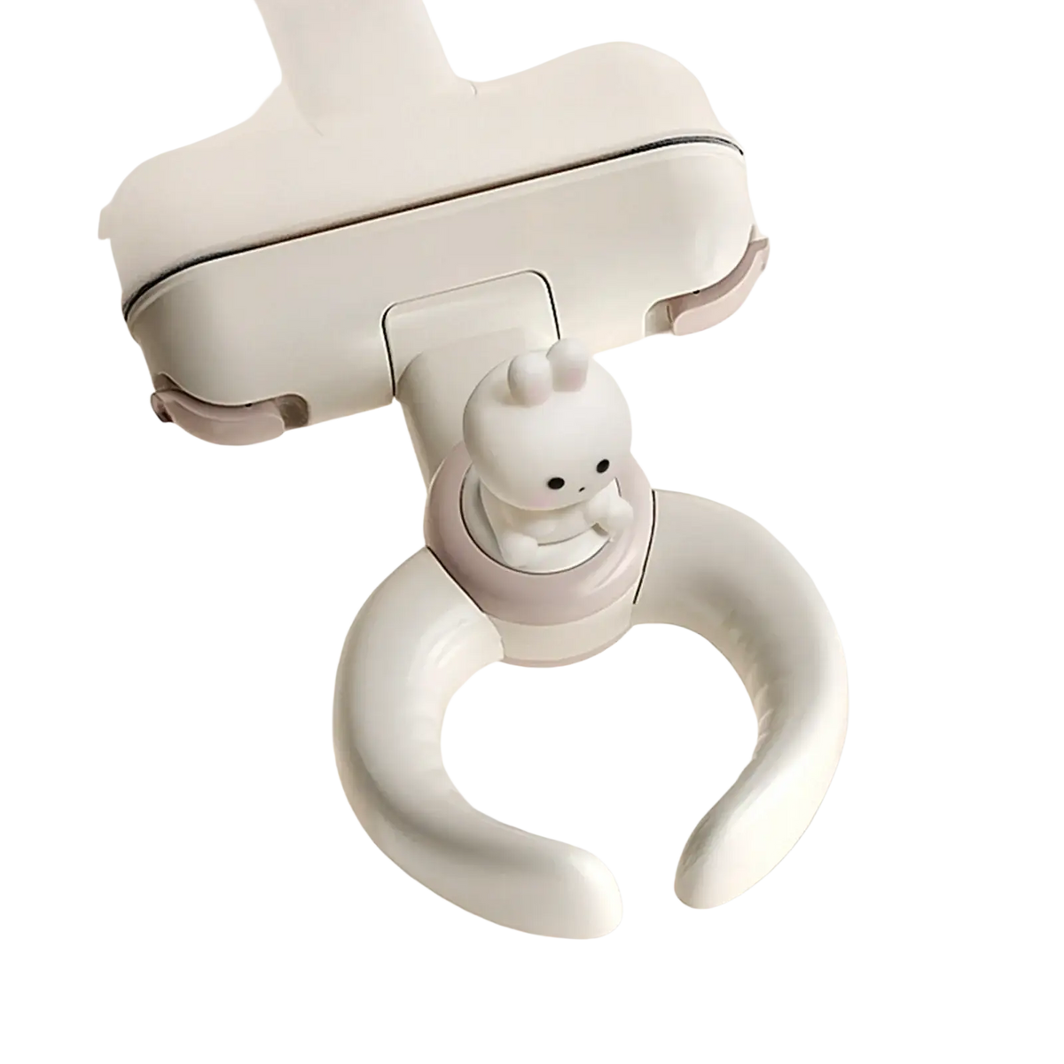 White plastic baby safety clip with a cute bunny figurine on top for baby bath standing support with suction cup