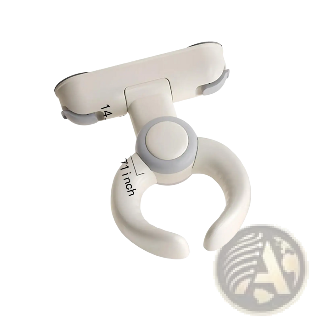 White plastic baby bath standing support with gray suction cup and adjustable arms for secure phone holding