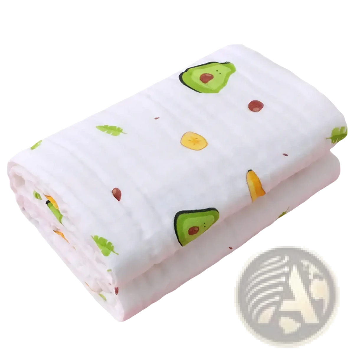 White four-layer muslin baby bath towel swaddle blanket with avocado and leaf pattern in green yellow and red cotton gauze