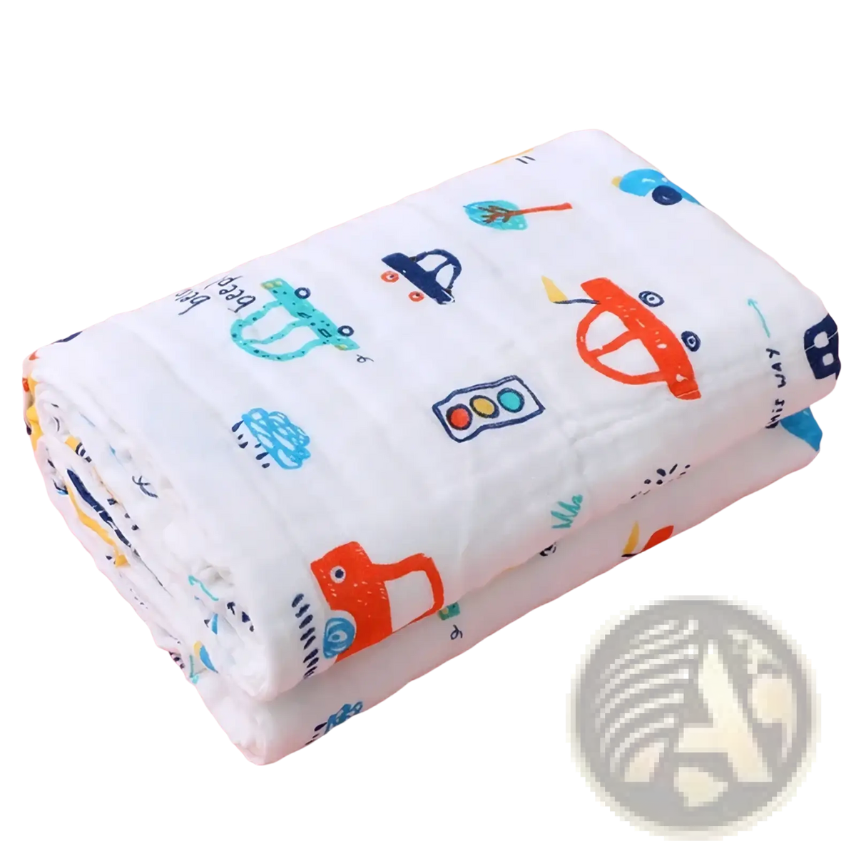 Baby bath towel pure cotton gauze swaddle blanket in white with colorful cartoon cars traffic lights and road signs