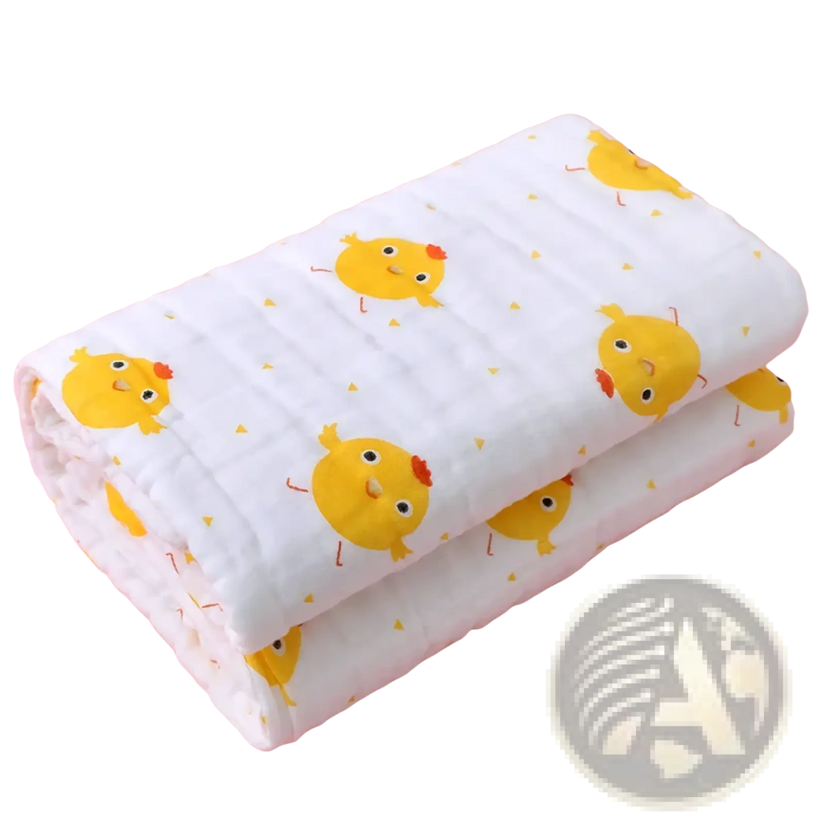 White muslin baby bath towel pure cotton gauze swaddle blanket with yellow cartoon chicks and gold triangles pattern