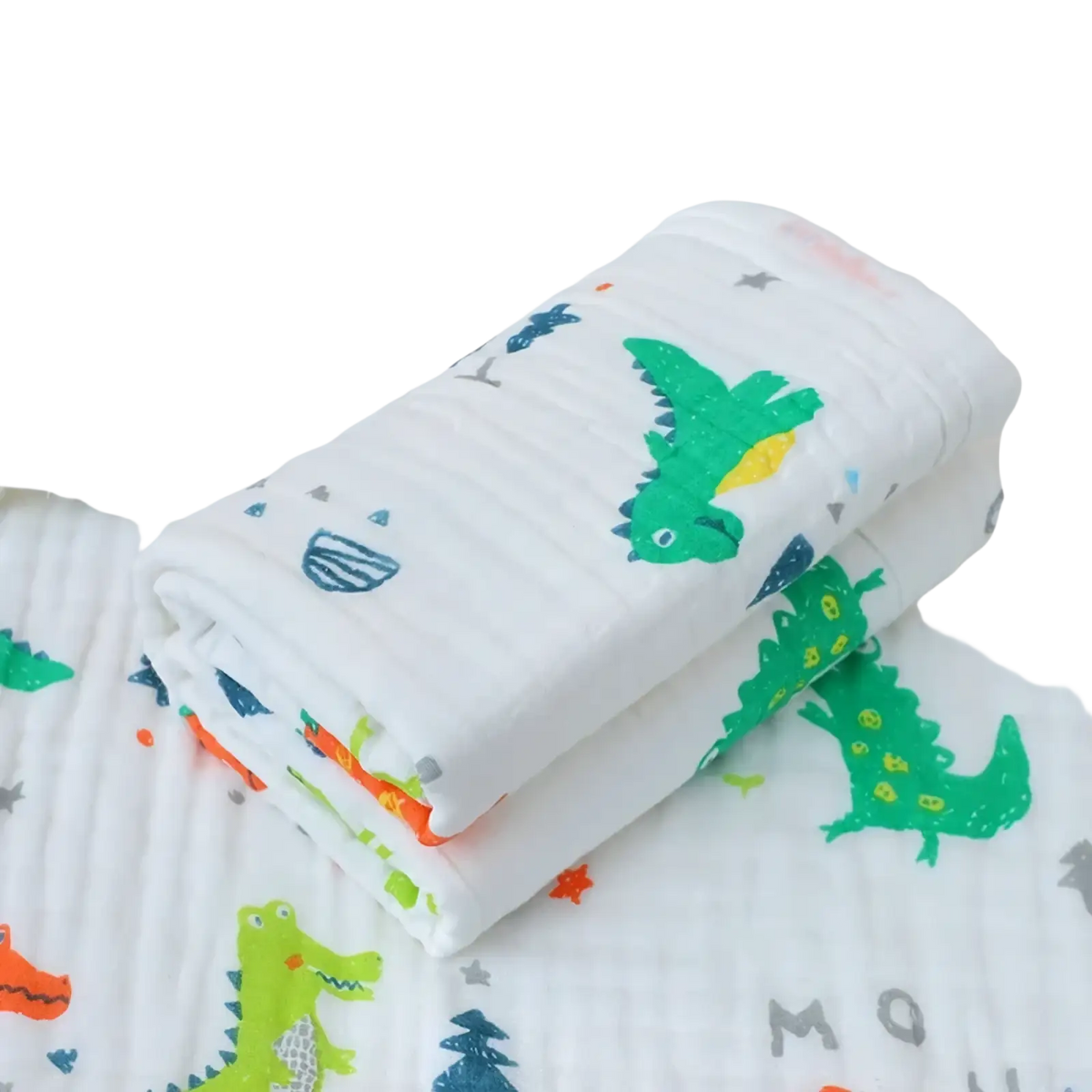 White muslin baby bath towel pure cotton gauze swaddle blanket with green orange and gray dinosaur pattern