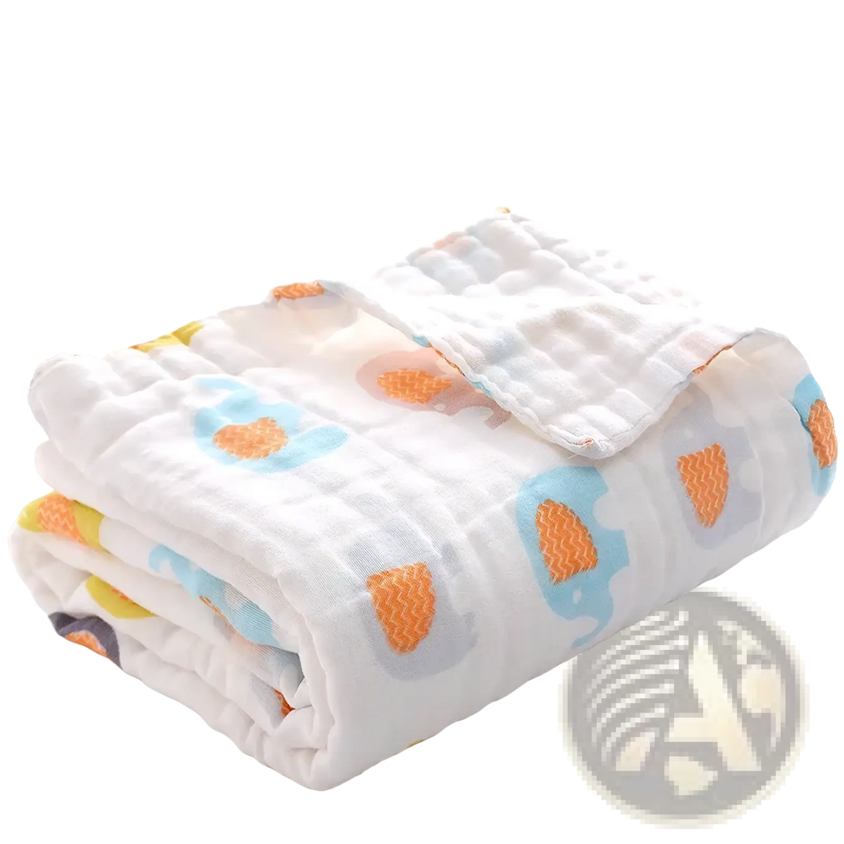 A soft white pure cotton gauze baby bath towel swaddle blanket with light blue and orange elephant pattern and quilted edge