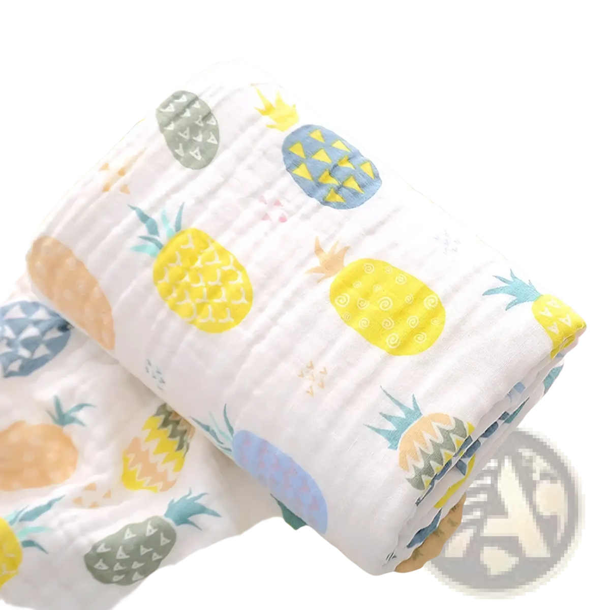 A soft white pure cotton gauze baby bath towel swaddle blanket featuring colorful pineapple patterns