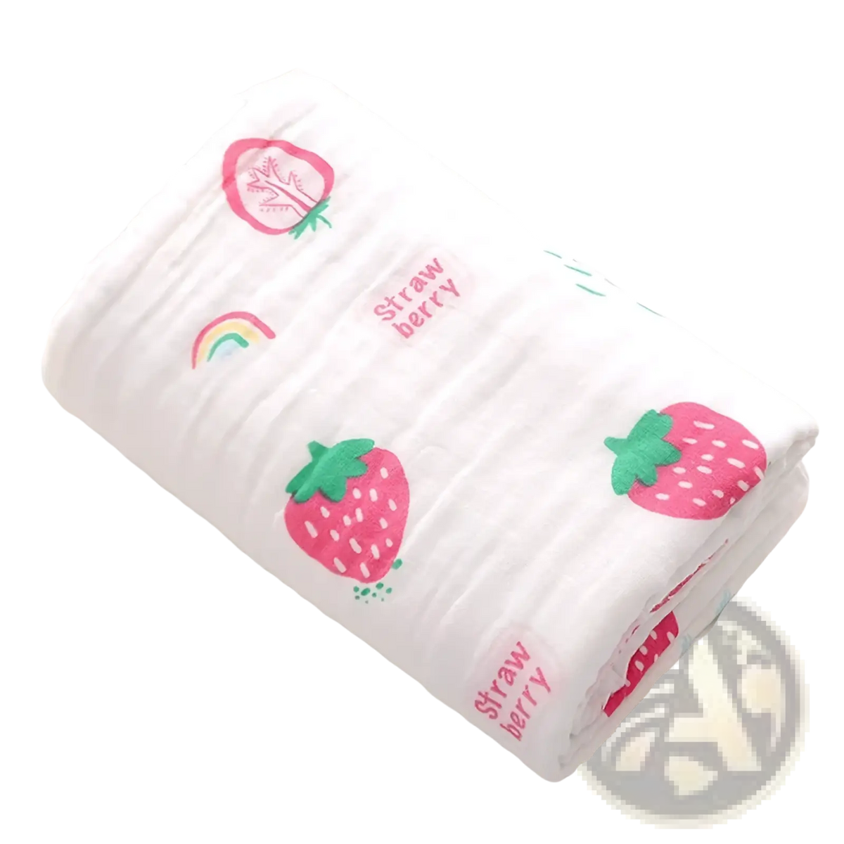 White cotton gauze baby bath towel swaddle blanket with pink and green strawberry prints and embroidered text