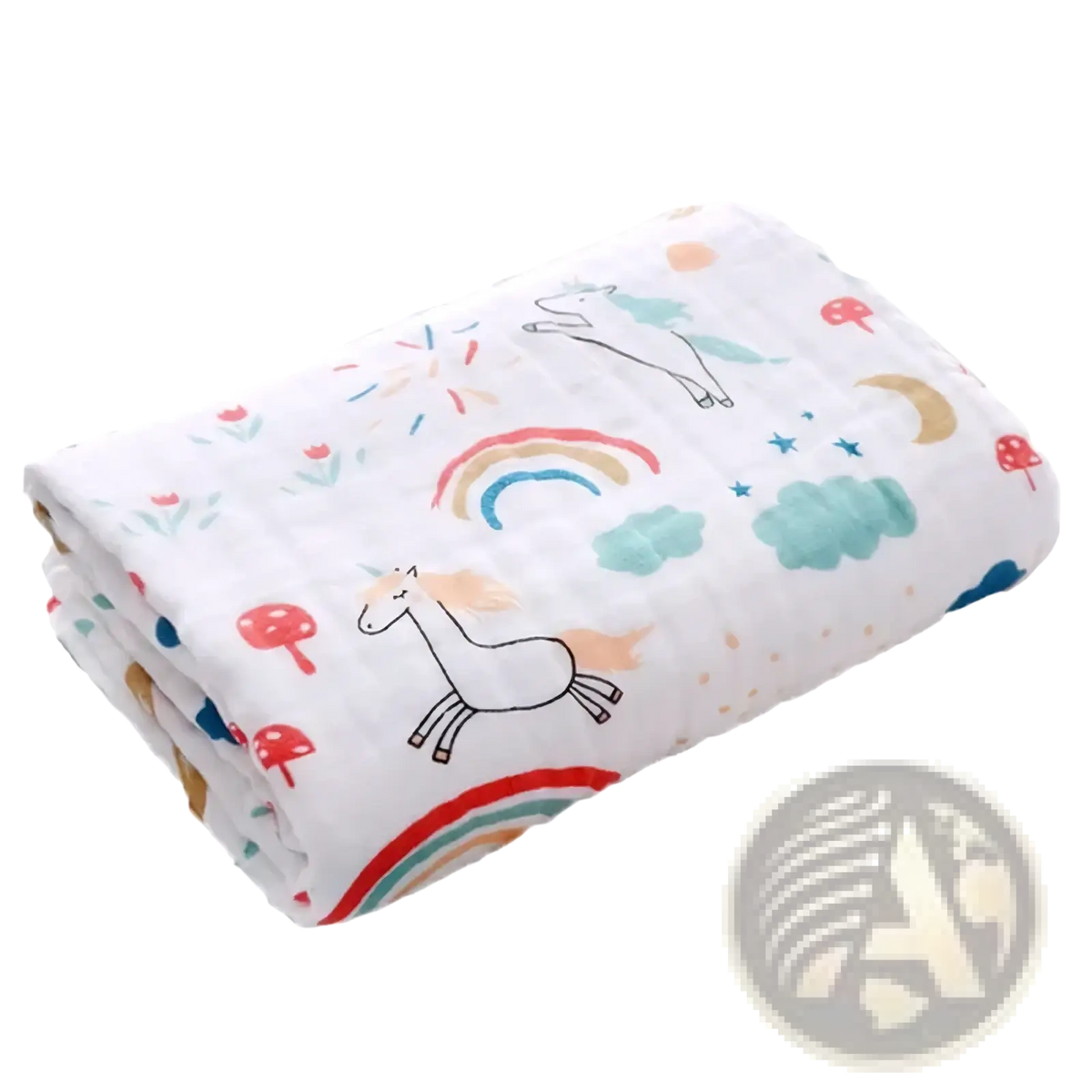 A soft white pure cotton gauze baby bath towel and swaddle blanket with playful pastel unicorns rainbows and mushrooms