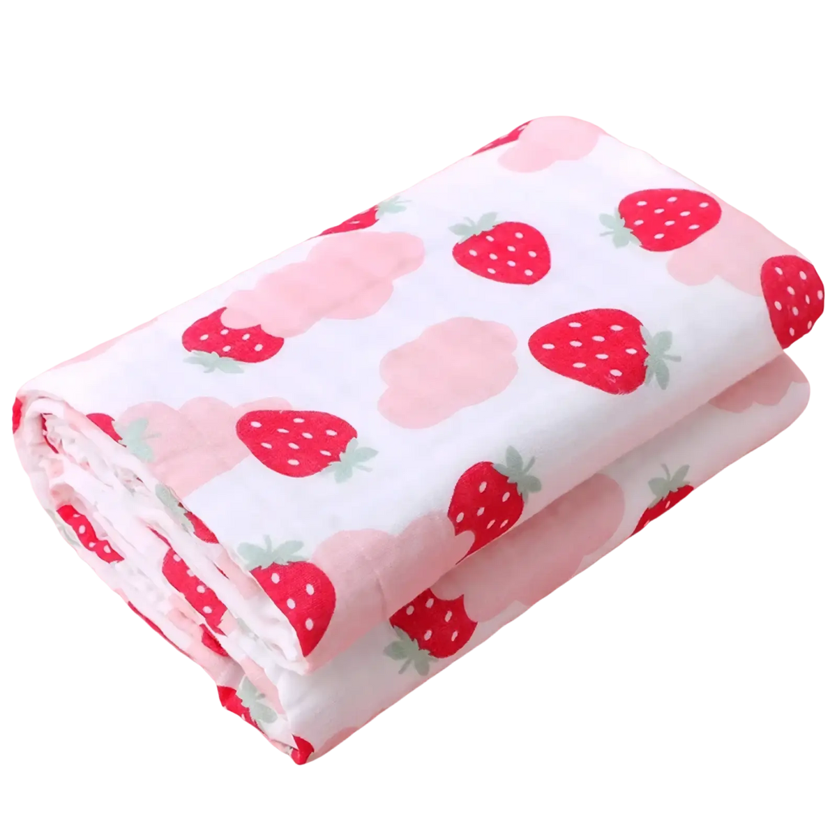 A soft white pure cotton gauze baby bath towel with red strawberries green stems and light pink cloud patterns