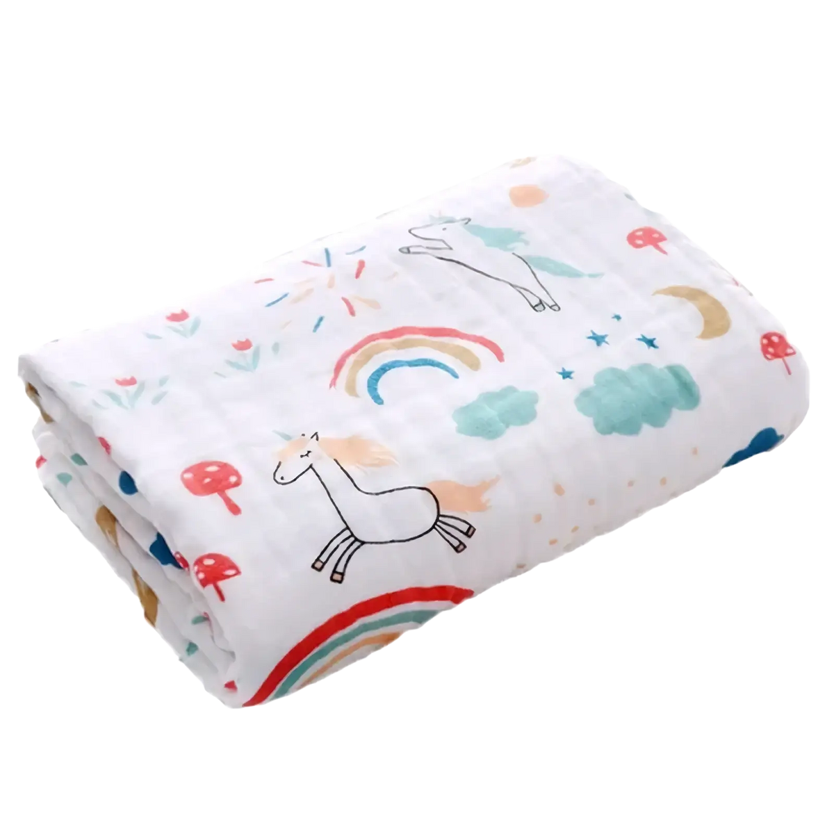 A soft white pure cotton gauze baby bath towel and swaddle blanket with playful pastel unicorns rainbows and mushrooms