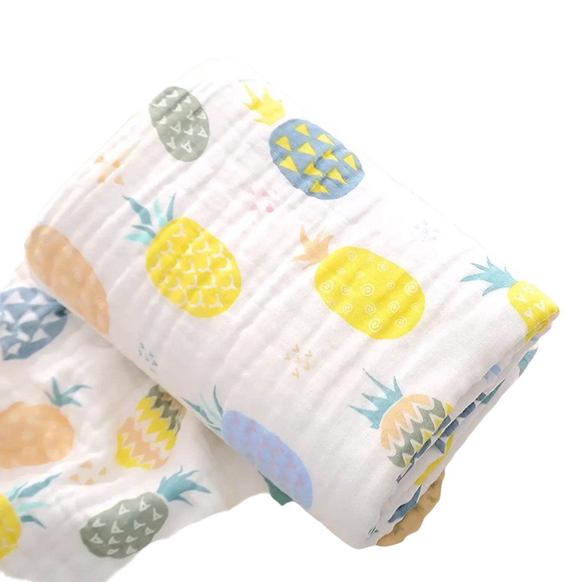 A soft white pure cotton gauze baby bath towel swaddle blanket featuring colorful pineapple patterns