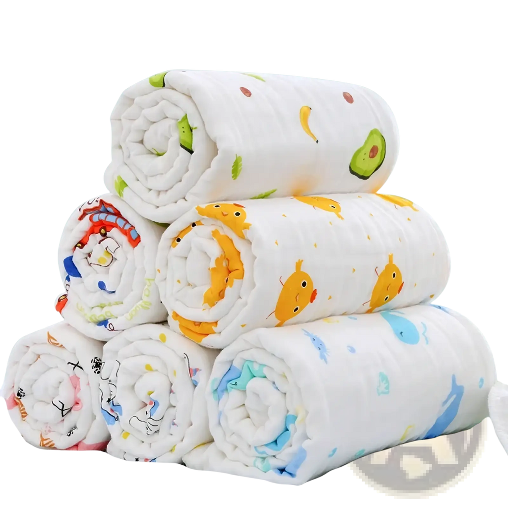 A stack of white pure cotton gauze baby bath towels with colorful cartoon prints of chicks and avocados