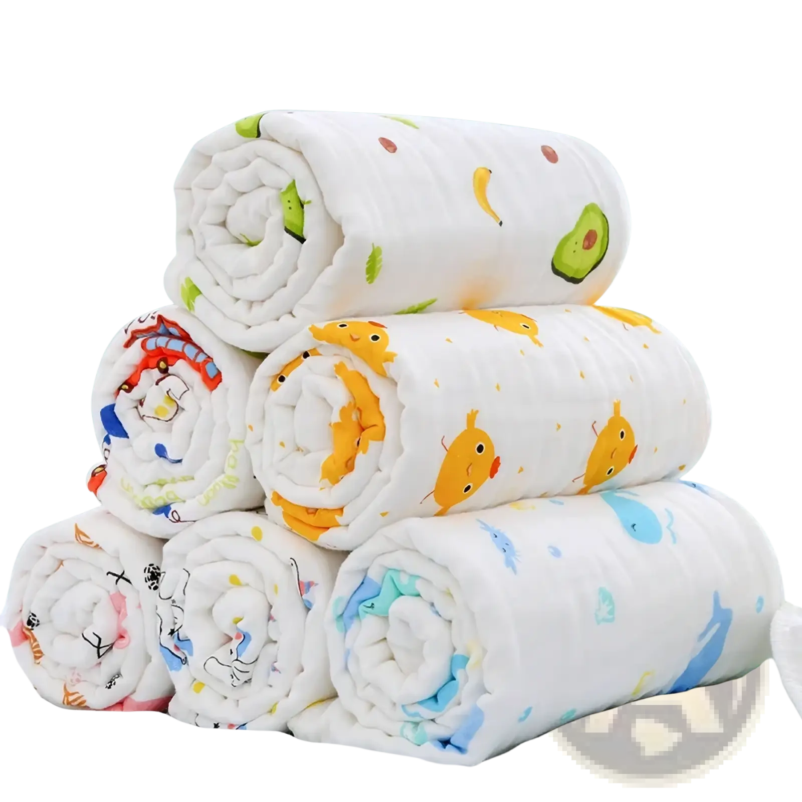 A stack of white pure cotton gauze baby bath towels with colorful cartoon prints of chicks and avocados