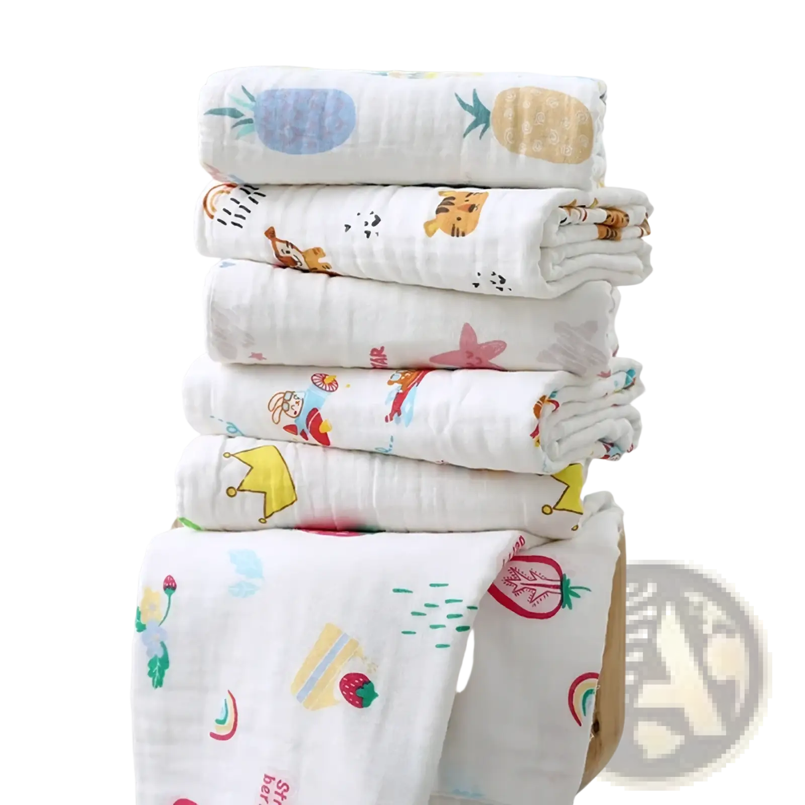 Stack of white pure cotton muslin baby bath towels with colorful cartoon prints for swaddling and bathing