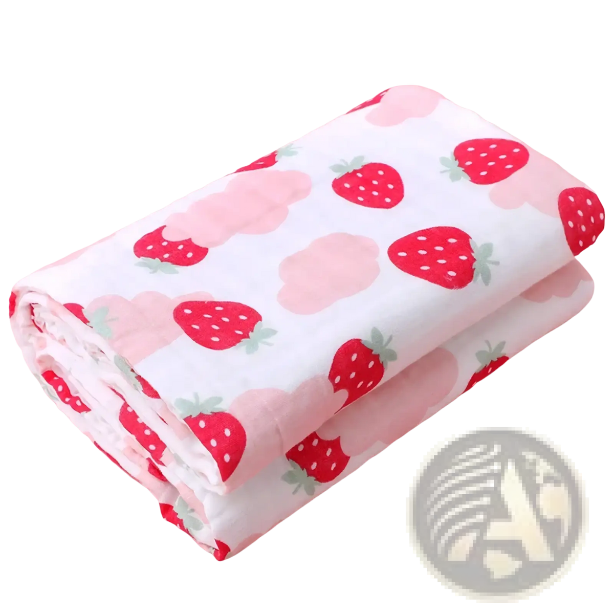 A soft white pure cotton gauze baby bath towel with red strawberries green stems and light pink cloud patterns